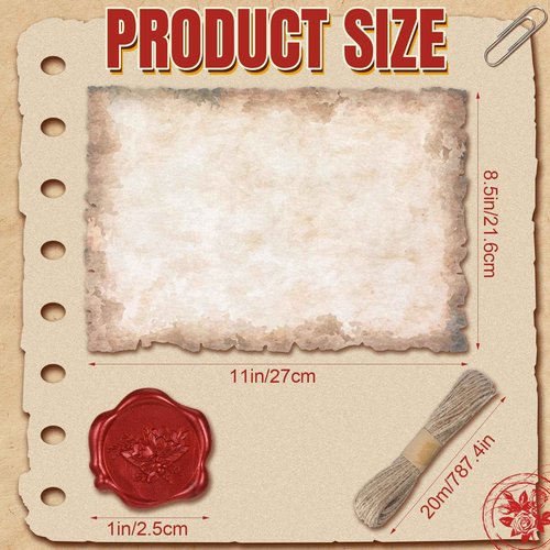Sinload Vintage Writing Invitations Set Includes 100 Letter Antique Scroll Rustic Papers 100 Wax Seal Stickers 3 Strands of Twine for Valentines Mother Stationery Old Medieval Cardstock(8.5 x 11 Inch)
