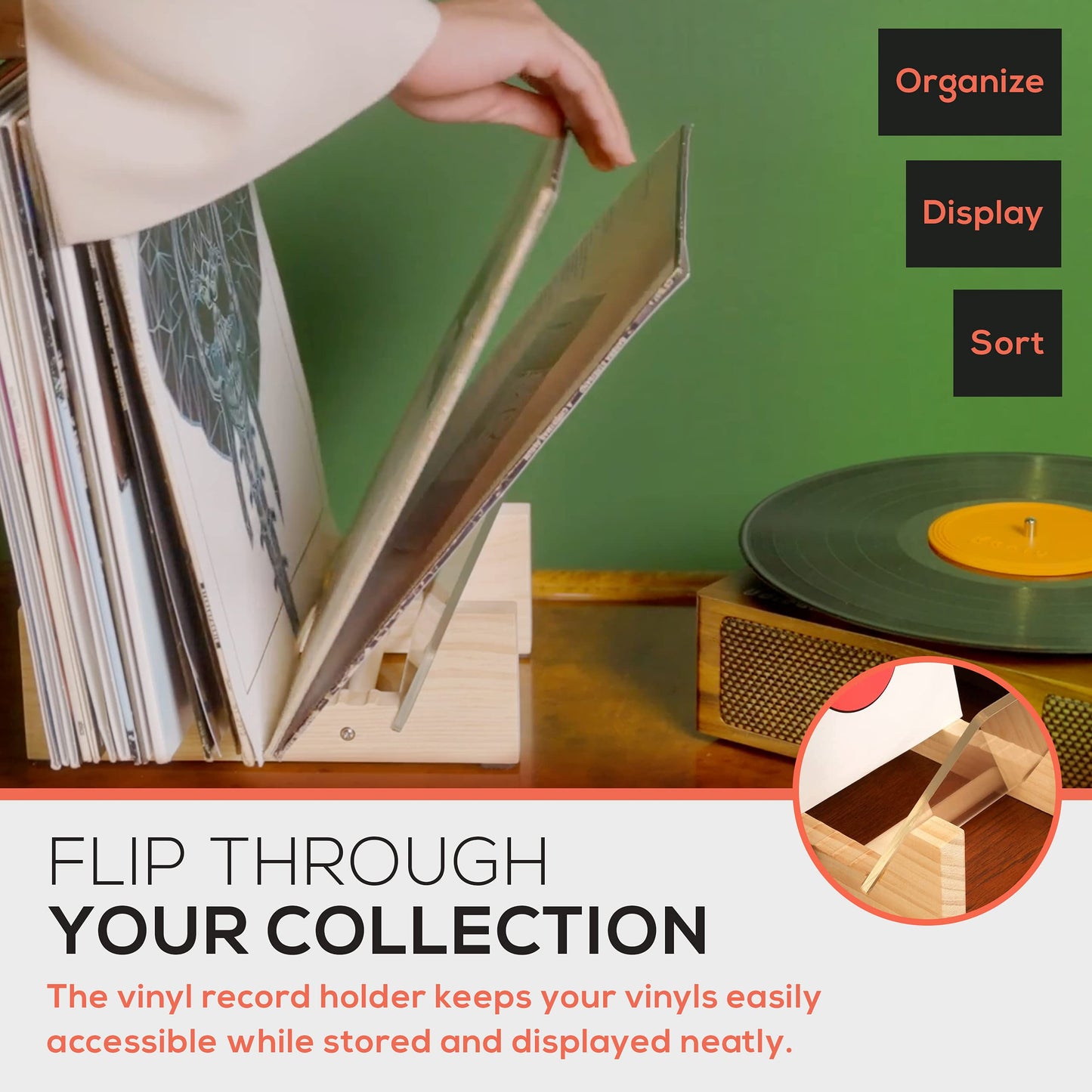 KAIU Vinyl Record Storage Holder - Stacks up to 30 Albums, 7 or 12 inch - Solid Wood Stand with Clear Acrylic Ends - Display Your Singles and LPs in This Modern Portable Rack Unit