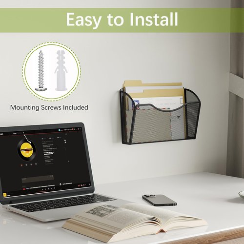 EasyPAG Wall File Holder, Single Mesh Hanging File Organizer for A4 Letter Size Paper, Wall Mount Paperwork Basket for Office, Home, School, Black
