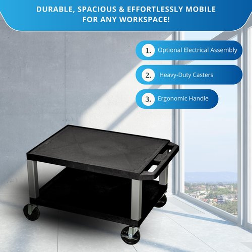 A-to-Z Supply WT16-N 16" AV Cart, 2 Molded Plastic Shelves, Heavy-Duty Casters, Ergonomic Handle, Optional Electrical Assembly, 24"W x 18"D x 16"H, Made in USA
