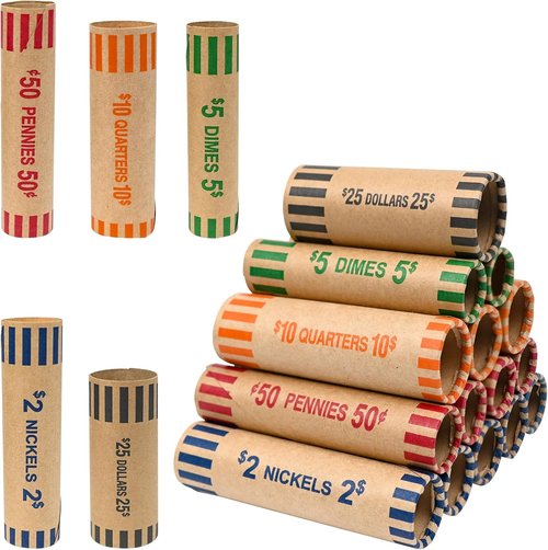 L LIKED Coin Roll Wrappers - 105 Assorted Rolls for Quarters, Pennies, Nickels, Dimes & Dollars