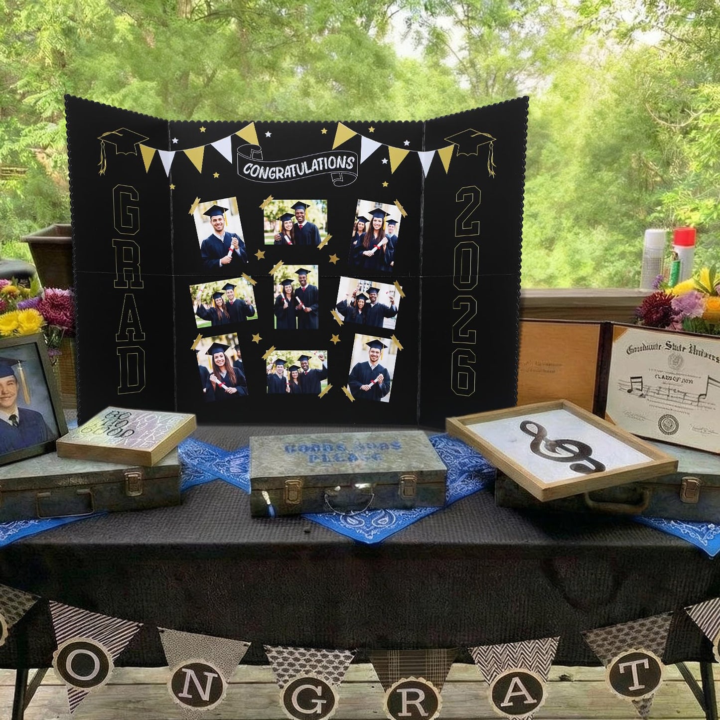 Epakh 2026 Graduation Trifold Poster Board 33 x 20 in Black Gold Senior Night Photo Display Board for Class of 2026 Graduation Photo Frames Picture Display for Grad Party Gift Table Decor