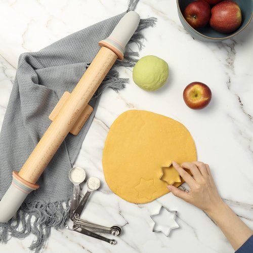 Geesta Adjustable Wood Rolling Pin - 5 Thickness Rings for Precise Dough Rolling | Ideal for Baking Cookies, Pie Crusts, and Fondant