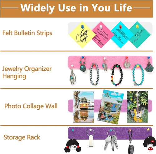 Regine Switzerland Felt Pin Board Strips - Self-Adhesive Bulletin Board for Home & Office | 8 Packs with 50 Push Pins
