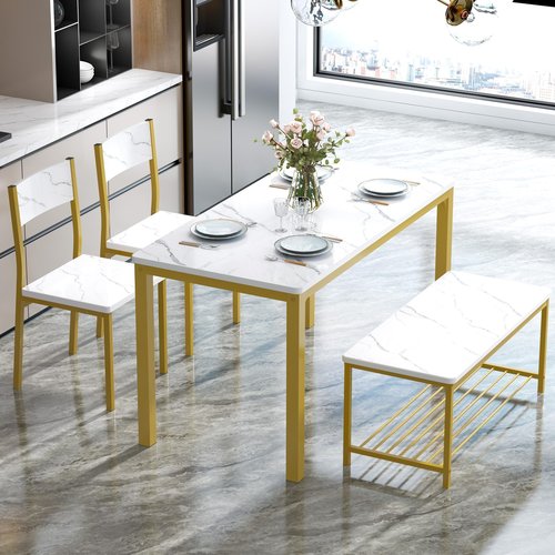 SDHYL Dining Table Set,Two Chairs and One Bench 4 Pieces Set Wooden Table Top with Metal Legs for Breakfast in Living Room, Kitchen Room, Dining Room,Space Saving Kitchen Table Set,Rustic Brown
