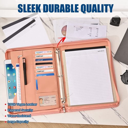 Sbrinnaliao 3-Ring Padfolio Portfolio Binder Organizer,PU Leather Folder Binder Business Planner Notebook Zippered Portfolio for Women/Men with Document Sleeve,Letter/A4 Size Clipboard
