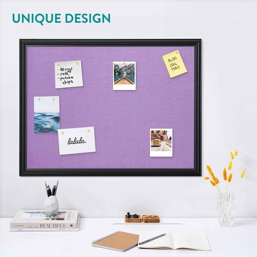 Navaris Framed Fabric Bulletin Board - 18 x 24 inches Plush Jewelry Organizer Pinboard for Wall - Memory Memo Pin Board - Purple with Black Frame