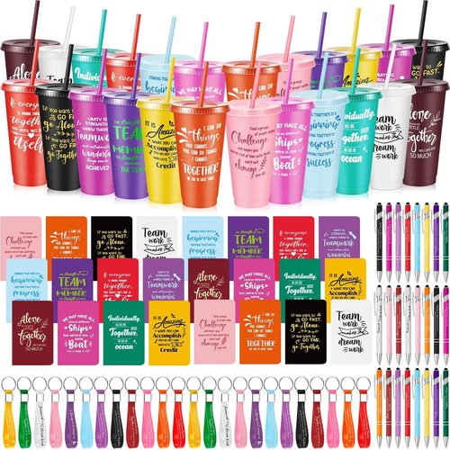 Hollowfly 96 Pcs Team Appreciation Gifts for Employee 24 oz Inspirational Plastic Cups Bulk with Lid and Straw Notebooks Ballpoint Pens Keychain Set Thanksgiving Christmas Gifts (Colorful)