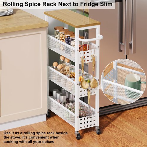 4 Tier Slim Rolling Cart with Wheels for Small Spaces, Laundry Room Shelf Between Washer and Dryer Storage, Narrow Bathroom Organizer Shelves on Wheels, Metal Utility Carts for Kitchen, Skinny Cabinet