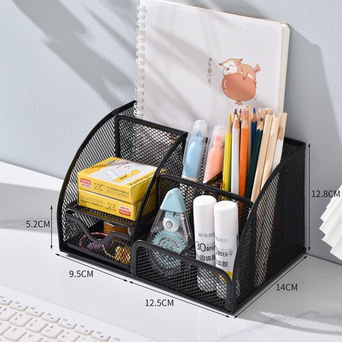 Rkqoa Black Mesh Pen Holder and Organizer Office Supplies with 7 Compartments, Desktop Organizer with Drawer, Metal Pen Holder for Desk, ‎9.1" x 5.9" x 5.5''