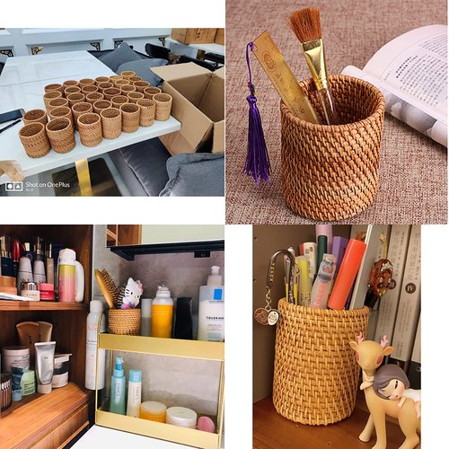 Okllen 2 Pack Rattan Pencil Holder, Handmade Wicker Pen Cup Makeup Brushes Holder, Woven Vine Desk Organizer Pen Container Box for Office & Home Desktop, Kitchen Utensil Cutlery, Cylinder