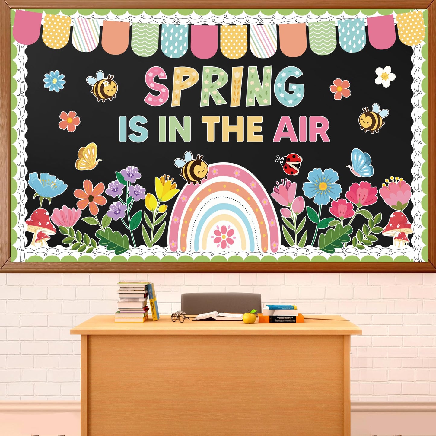 Spring Flower Bulletin Board Set Floral Classroom Bulletin Board Decoration with Rainbow Flowers Bee Paper Cutouts Spring in the Air Themed Classroom Wall Decor for School Chalkboard Teacher Supplies