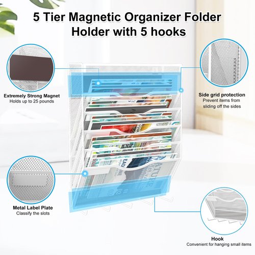 KZWKRG 6 Tier Magnetic File Holder with Hook, Magnetic File Organizer Folder Holder, Wall File Organizer, Hanging Magnetic Paper Holder for File Cabinets, Office, Whiteboard, Magnetic Mail Holder