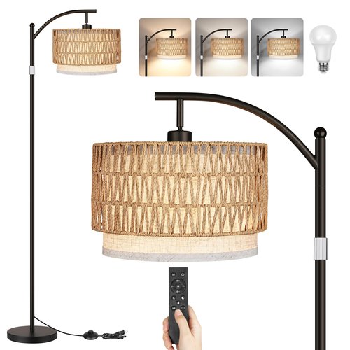 ROTTOGOON Rattan Floor Lamps for Living Room, Boho Standing Lamps with Rattan& Linen Double Shades, Arc Lamps Floor Standing with 9W Bulb, Foot Switch, Bohemian Floor Lamps for Bedroom, Office-Drum