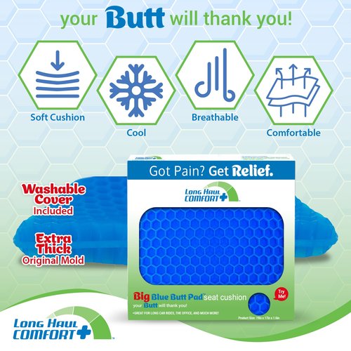 Extra Thick Gel Seat Cushion for Long Sitting Pressure Relief - Big Blue Butt Pad for Chair - Ergonomic for Tailbone, Backpain, Hip & Sciatica Support