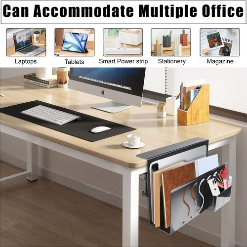 YSaekYeo 2 Tier Desk side storage,Under Desk Storage Clamp On Organizer with Magnetic Pen Holder, No Drill Hanging Under Laptop Holder for Office and Home，Black