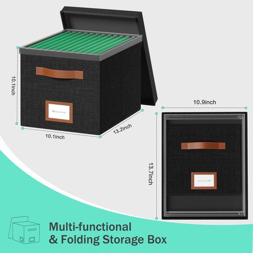 GRSQYS File Box for Hanging, File Organizer Box with Lid Decorative File Folders Organizer with One-Piece Integrated Plastic Slide Rail (Black, 13.2x10.1x10.1inch(2pack))