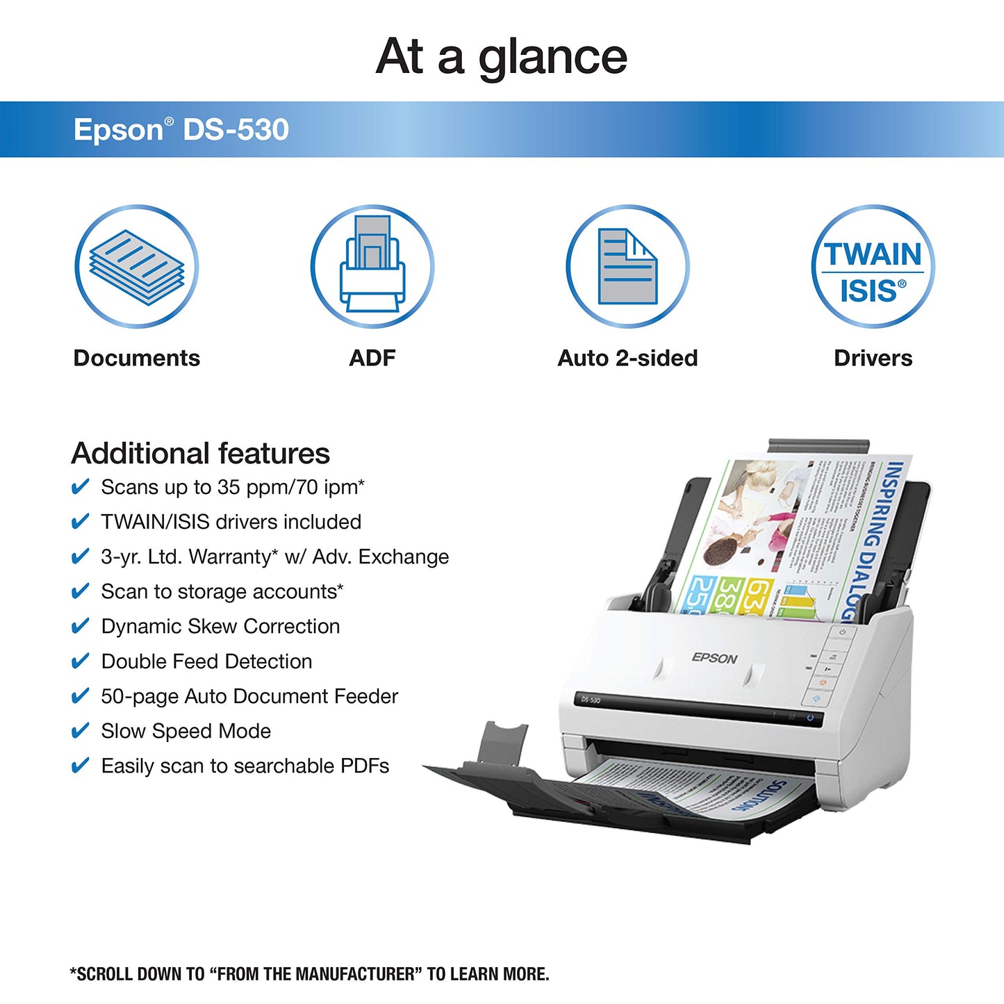 Epson DS-530 Document Scanner: 35ppm, Twain & ISIS Drivers