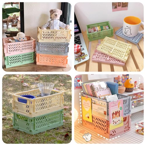 HOYA PONYOO 4 Pcs Collapsible Storage Crates, 10x5.9x4 inches Space-Saving Folding Containers, Stackable Plastic Boxes for Home Kitchen Office Bedroom Bathroom, Pink