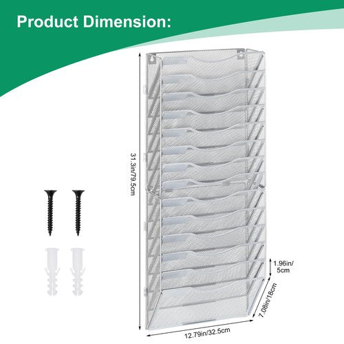 Solinxe 14-Pocket Wall File Organizer, Hanging Mail Organizer Wall Mounted Paper Document Holder, Metal Clipboard Storage Basket for Office Home School Organization, Silver