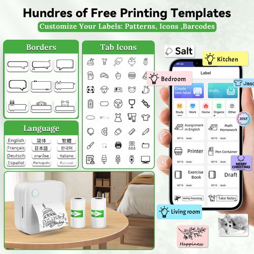 Miouca Label Maker Machine with Tape - Mini Sticker Printer Bluetooth Label Printer for Home Office Organization, Portable Thermal Sticker Maker Print Pod with Multiple Templates for Phone(White)