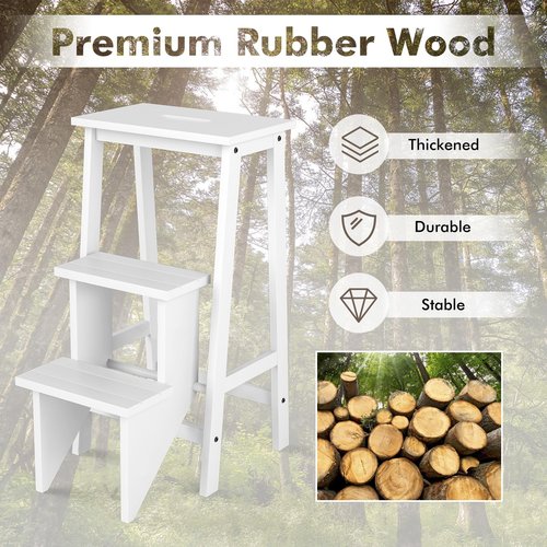 BETTARY 3-Step Folding Wooden Step Stool, Portable Anti-Slip Step Ladder, Foldable Wood Counter Staircase, Multifunctional Flower Shelf & Chair for Kitchen/Garage/Living Room/Library (White)