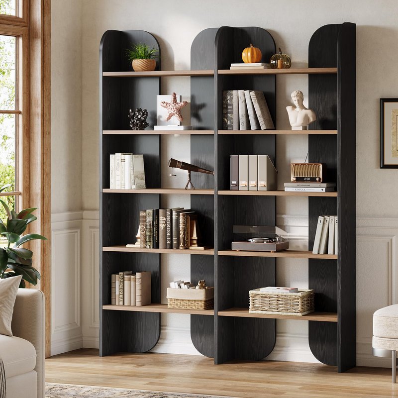Tribesigns 5-Tier Tall Farmhouse Bookshelf, 70.87" Double Wide Bookcase with Open Shelves, Vintage Bookshelf for Living Room, Office, Study Room, Bedroom (Black)