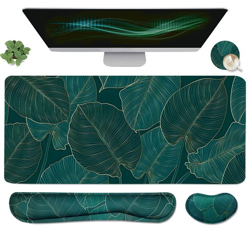 Ergonomic Large Mouse Pad and Keyboard Wrist Rest, Desk Pad for Keyboard and Mouse, 4-in-1 Large Gaming Mouse Pad with Wrist Support for Home Office Study Game-Green Leaves