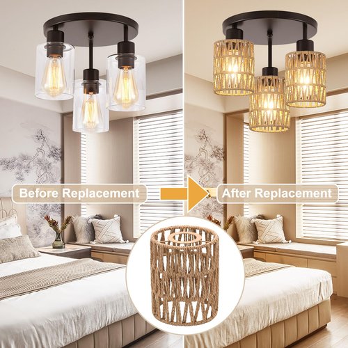 Giutna 1-Pack Boho Rattan Lamp Shades, 5.9" H x 4.7" D Woven Small Shade Replacement, 3-Tier 1.62in Fitter Farmhouse Pendant Light Cover for Chandelier Floor Wall Lamp(Brown)