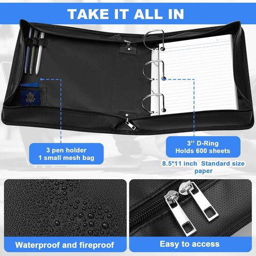 Henoyso 2 Pcs Fireproof 3 Ring Binder with Zipper, 3 Inch D Rings Hold up 650 Sheets of 8.5 x 11 Document Organizer Business Portfolio with Zipper with Built in Net and Pen Holder