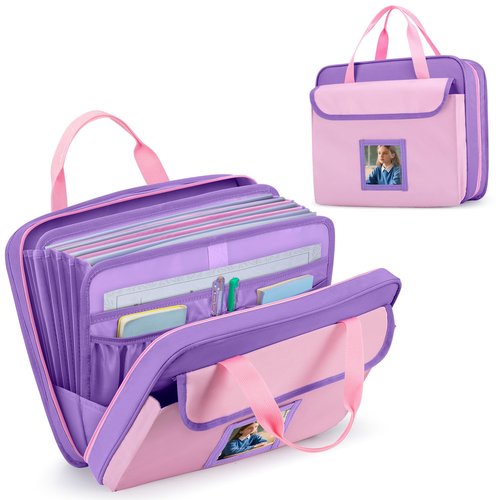 GRAOSO Zipper Document Bag for Boys and Girls, 9 Expandable Folders, Baby Portfolio Organizer Case with Customized Photo and Name Areas, Pink