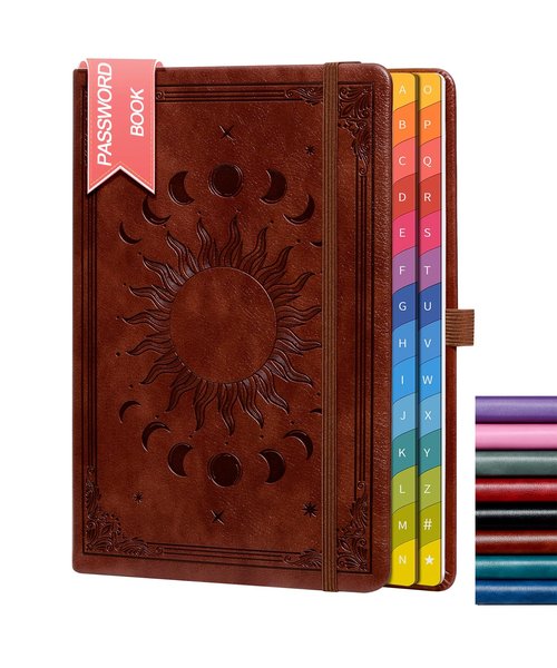 Password Keeper Book with Colorful Alphabetical Tabs, 5.7"×8.4"Hardcover Internet Password Book for Organized Internet Website Address Logins,Password Notebook for Home Office, Dark Brown.