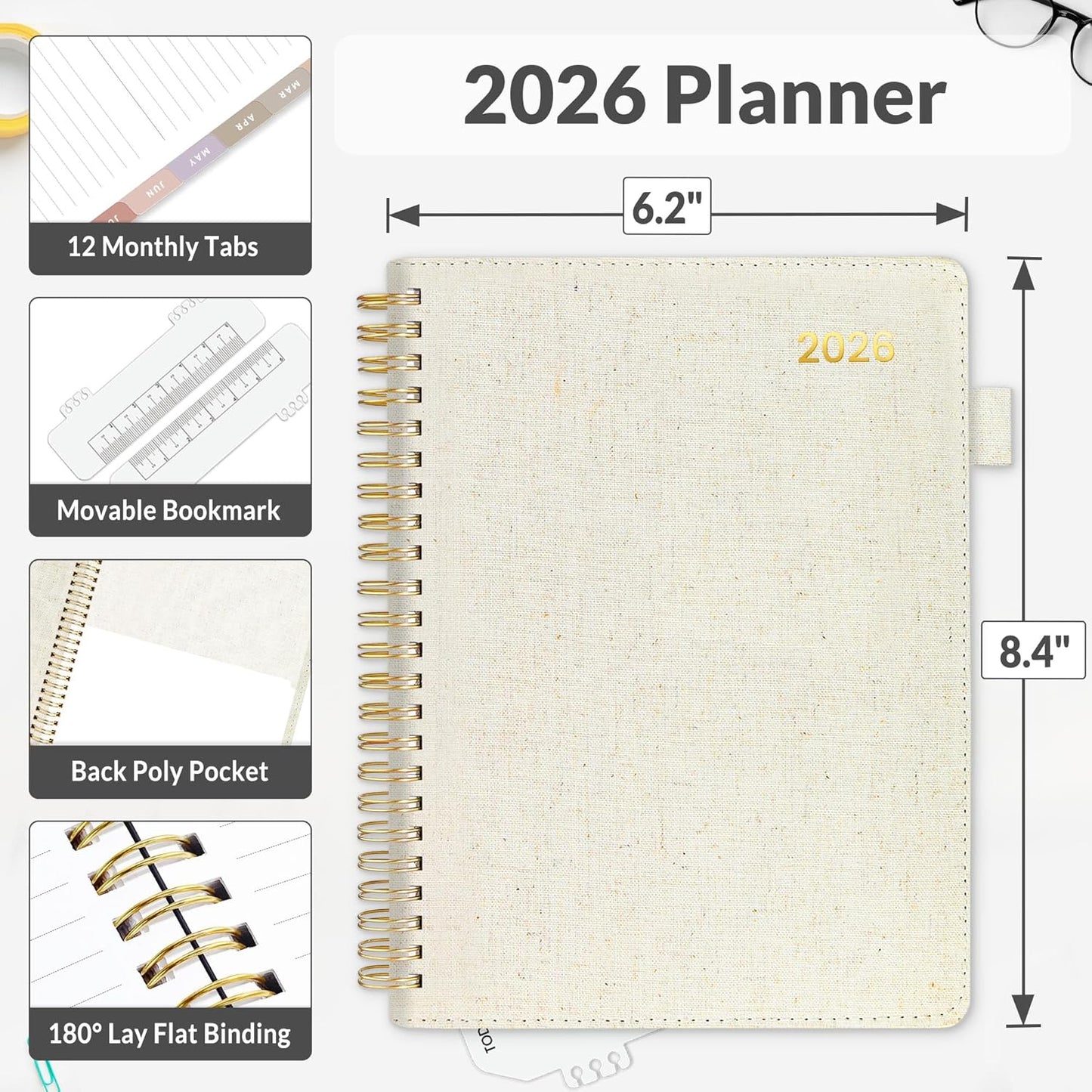 SUNEE 2026 Weekly & Monthly Planner - Vegan Leather Cover, Pocket & Bookmark | 6.4"x8.5", Beige