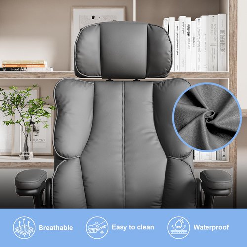 Kensaker Executive Leather Office Chair, Computer Chair with Thick Cushion & Lumbar Support, Ergonomic Desk Chair with Adjustable Headrest & Armrests,Grey