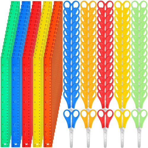 MotiMind 180 Pcs School Supplies Bulk with Safety Blunt Tip Student Scissors 12 Inch Plastic Rulers Back to School Kit for Student Classroom Office