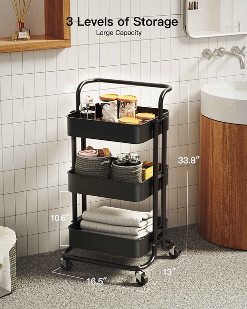 Totnz Rolling Utility Cart, 3-Tier Mesh Organization Cart with Lockable Wheels, Multi-Functional Storage Trolley for Office, Living Room, Kitchen, Laundry, Bathroom Storage, Black (TZUC01B)