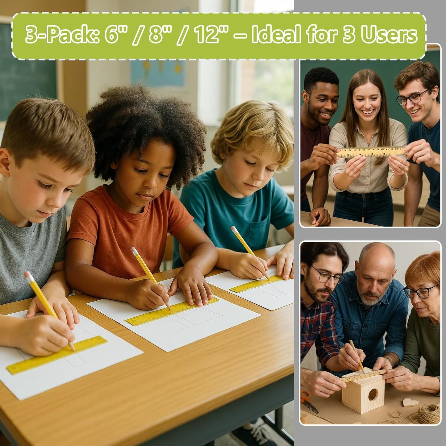 Wood Ruler Set by [Brand Name] - 3 Pack with 6", 8", and 12" Lengths for Precise Measurements | Ideal for Home, Office & Engineering