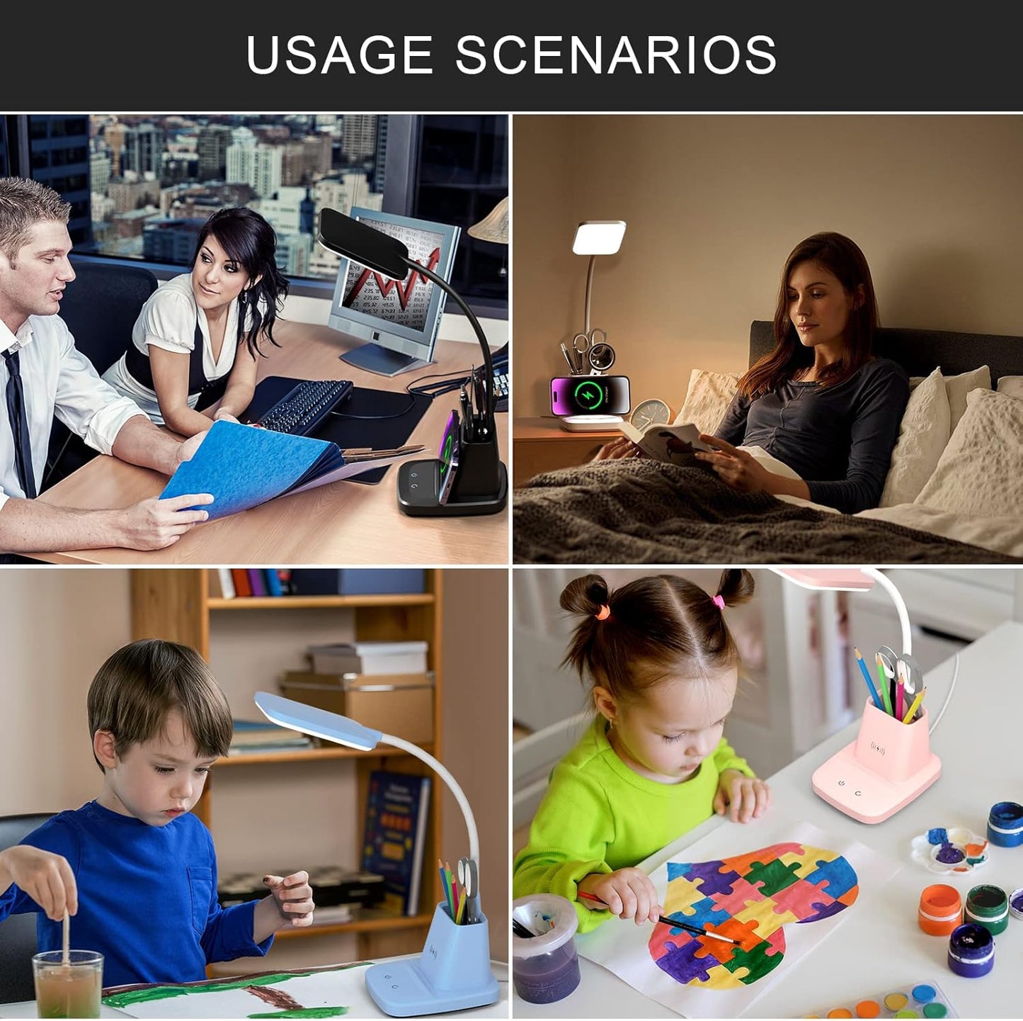 Skiennix LED Desk Lamp with Wireless Charger - 800LM, 3 Color Modes, Flexible Arm & Pen Holder for Home Office