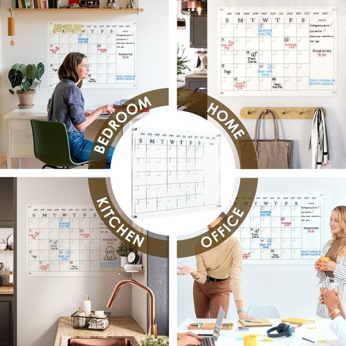 MAKELLO Acrylic Calendar for Wall, Clear Dry Erase Calendar for Office, School, Home, Bedroom, 4 Pens, Pen Holder, Wall-Mount Screws, 24x18 in