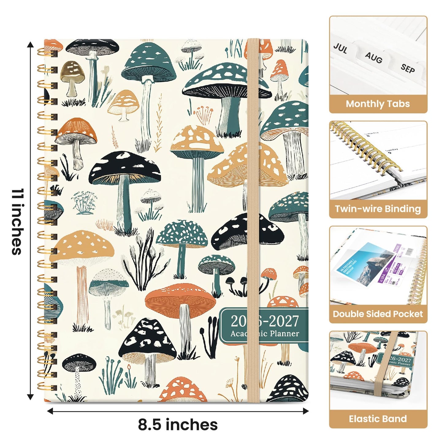 Planner 2026-2027, Academic Year Monthly and Weekly Calendar Planner, Jul 2026 - Jun 2027, Hardcover Teacher Student Planning Agenda book with Tabs, Perfect for School Office Supplies, 8.5" x 11" - Mushrooms Grove