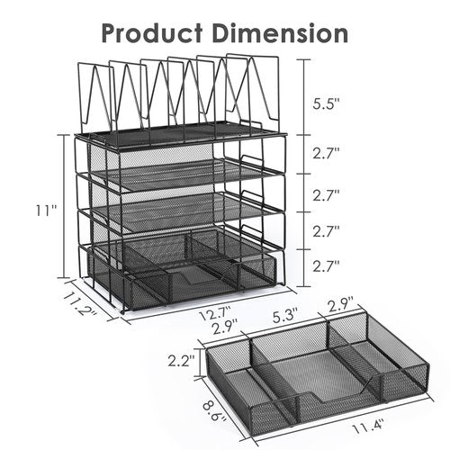 Housmile Desk Organizer, 5-Tier Desk Organizers and Accessories with File Sorters, Paper Tray, Drawer and Pen Holder, Anti-slip Silicone, Detachable File Organizer for Desk, Black