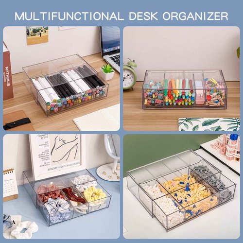 Yesesion 4 Pack Clear Office Supplies Organizer Drawer for Desk, Stackable Marker Pen and Pencil Holder with Adjustable Compartment, Large Desk Accessories Storage Box for Art Crafts, Stationery