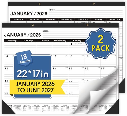 **Regine Switzerland Desk Calendar 2026-2027 | Large 22x17 with PVC Cover & Notes List (Black)**