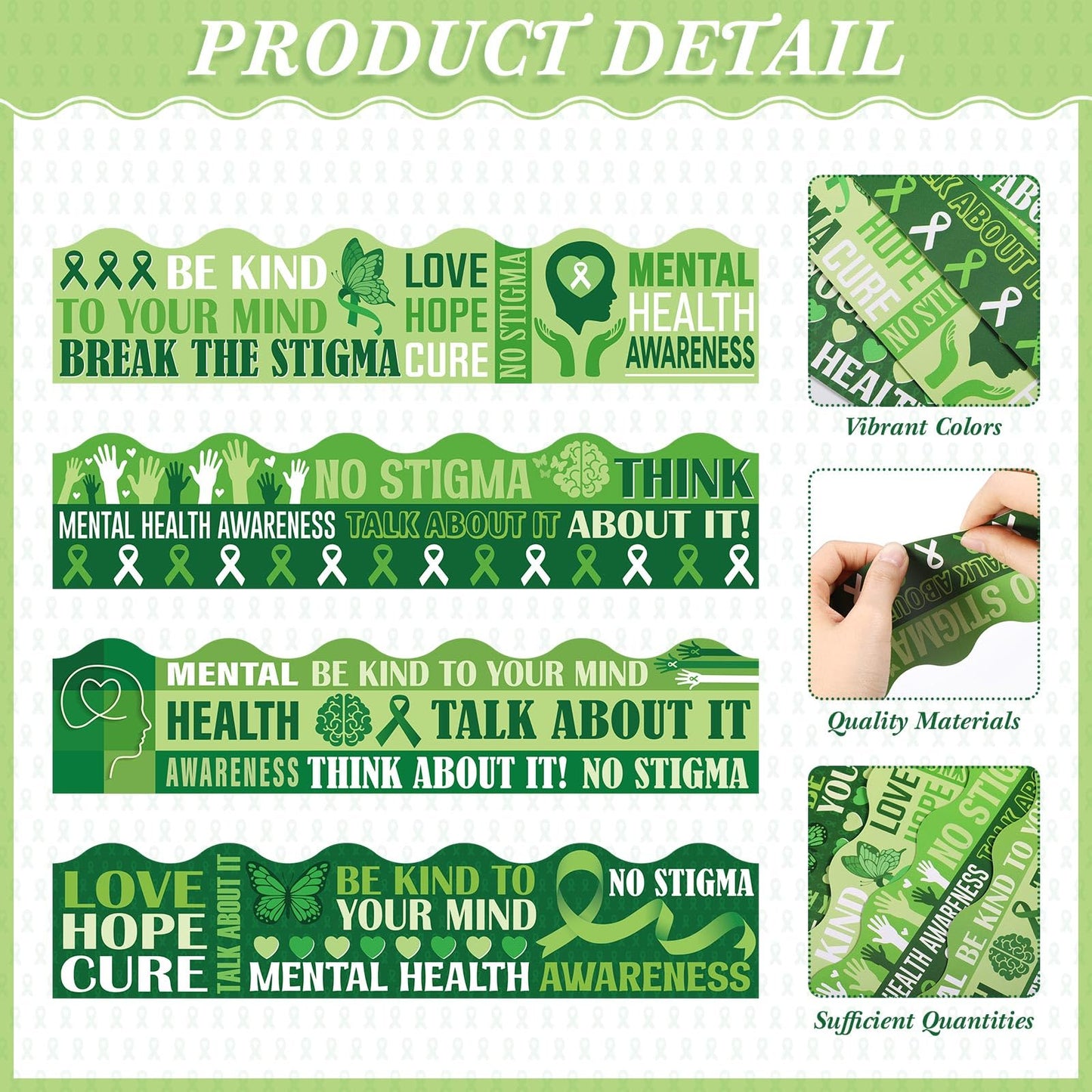 Funrous 79 ft Mental Health Bulletin Board Borders 80 Pcs Green Ribbon Mental Health Awareness Month Border Trim Inspirational Decorative Stickers for Back to School Office Chalkboard Wall Decor