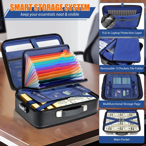 Fireproof Document Box Hard Case with Lock, Upgraded Size Fire Proof Safe for Home Documents with Accordion File Folder & 15.6" Laptop Pocket, Waterproof Office Travel Safe Box for Important Documents