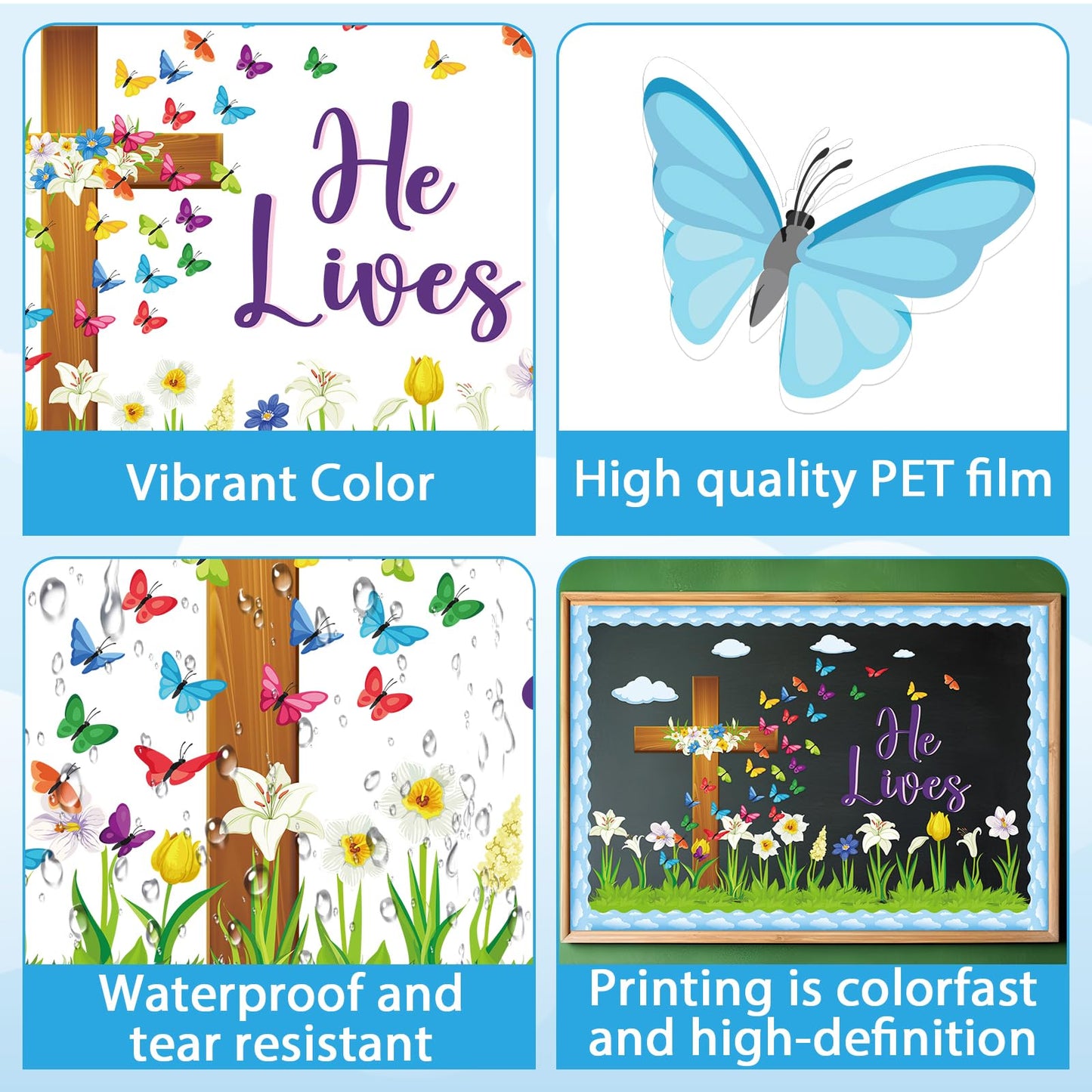 Easter Spring Bulletin Board Decoration Set He Lives Floral Cross Bulletin Board Borders Easter Butterfly Paper Cutouts Easter Christian Jesus Bulletin Boarder for Easter Spring School Classroom Decor