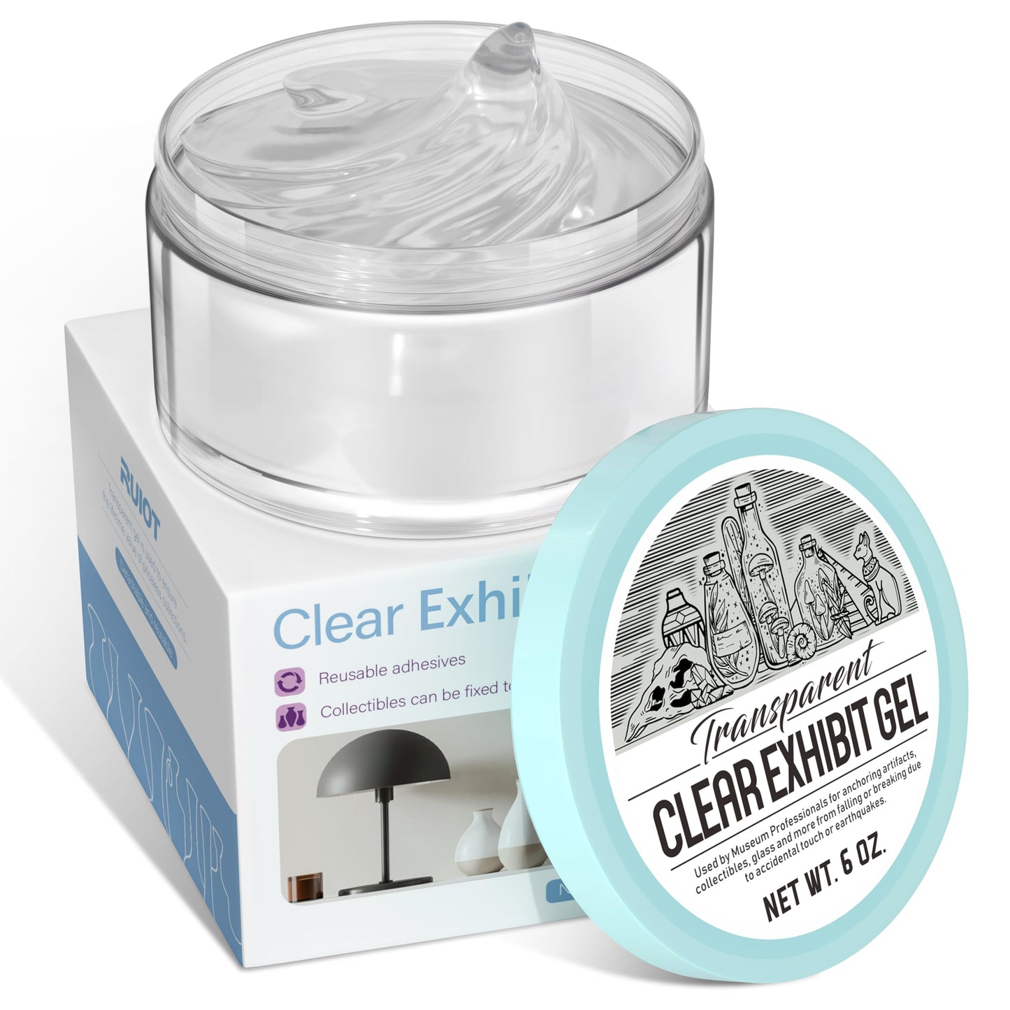 6 oz Clear Exhibit Gel, Reusable Museum Exhibit Putty to Keep Collections in Place, Removable & No Residue Exhibit Wax Fixed Decorations and Collection to Prevent Falling, Vibration.