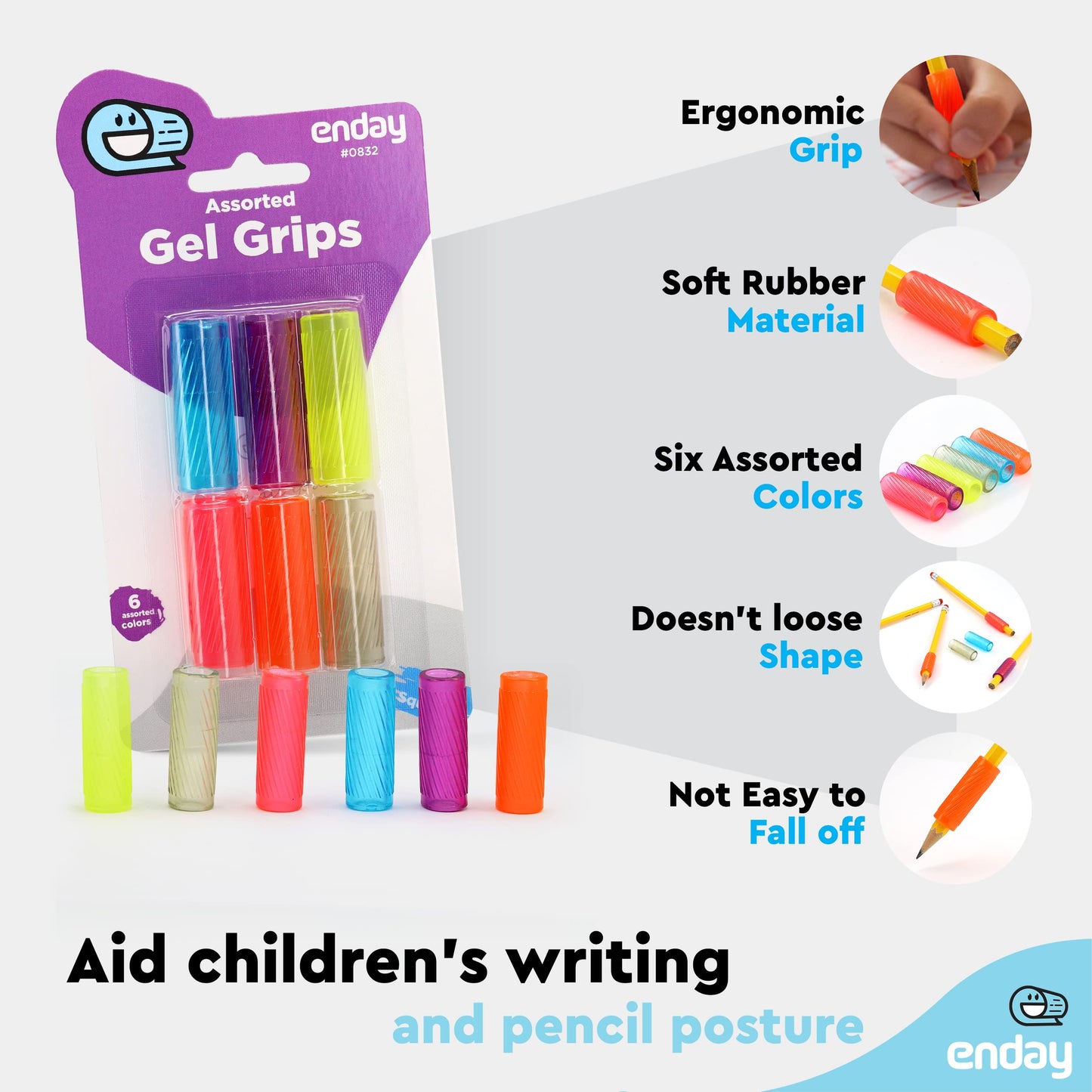Pencil Grips, Gel Pencil Cushion Grips for Adults w/Arthritis, Preschool & Toddlers, Comfort Writing Pencil Grippers for Kids Handwriting, 6 Pack- by Enday