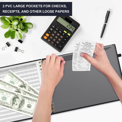 HAUTOCO Hardcover Accounting Ledger Book for Small Business Bookkeeping Horizontal Money Expense Tracker Notebook with 2 Storage Pouch, Personal Columnar Log Journal 10.78 x 8'', Black
