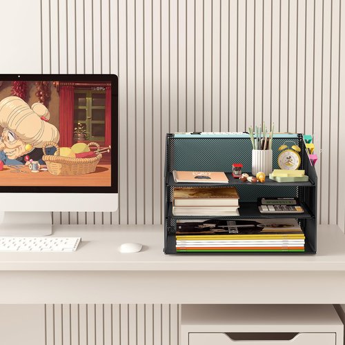 Solinxe 3 Tier Paper Organizer, Mesh Letter Tray Desktop Organizer with Hanging File Folders Holder, Office Organization and Classroom Storage, Black